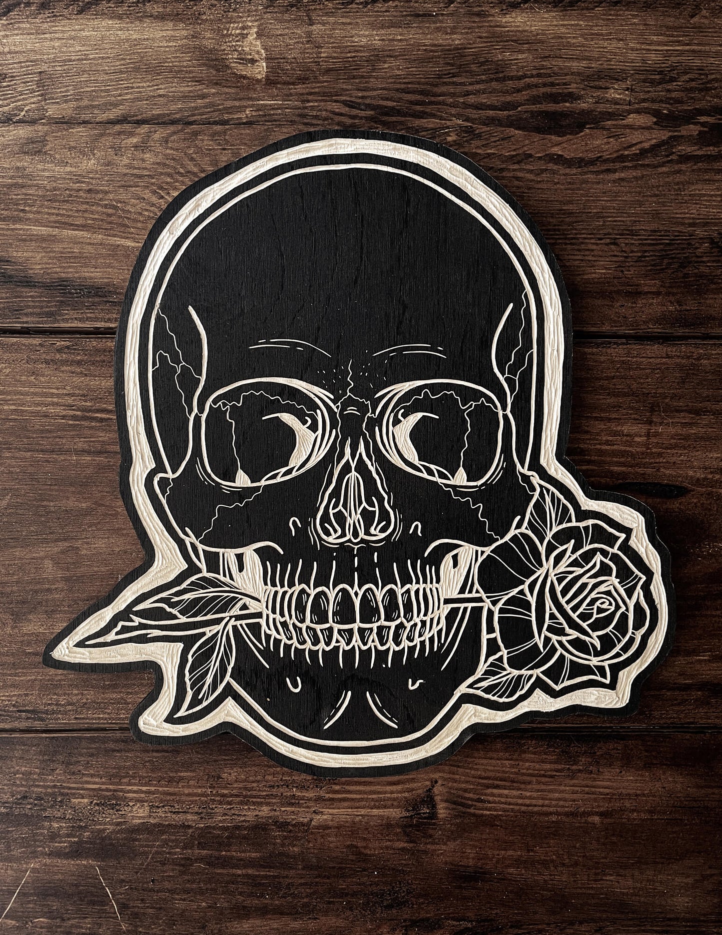 Skull and a Rose Woodcut