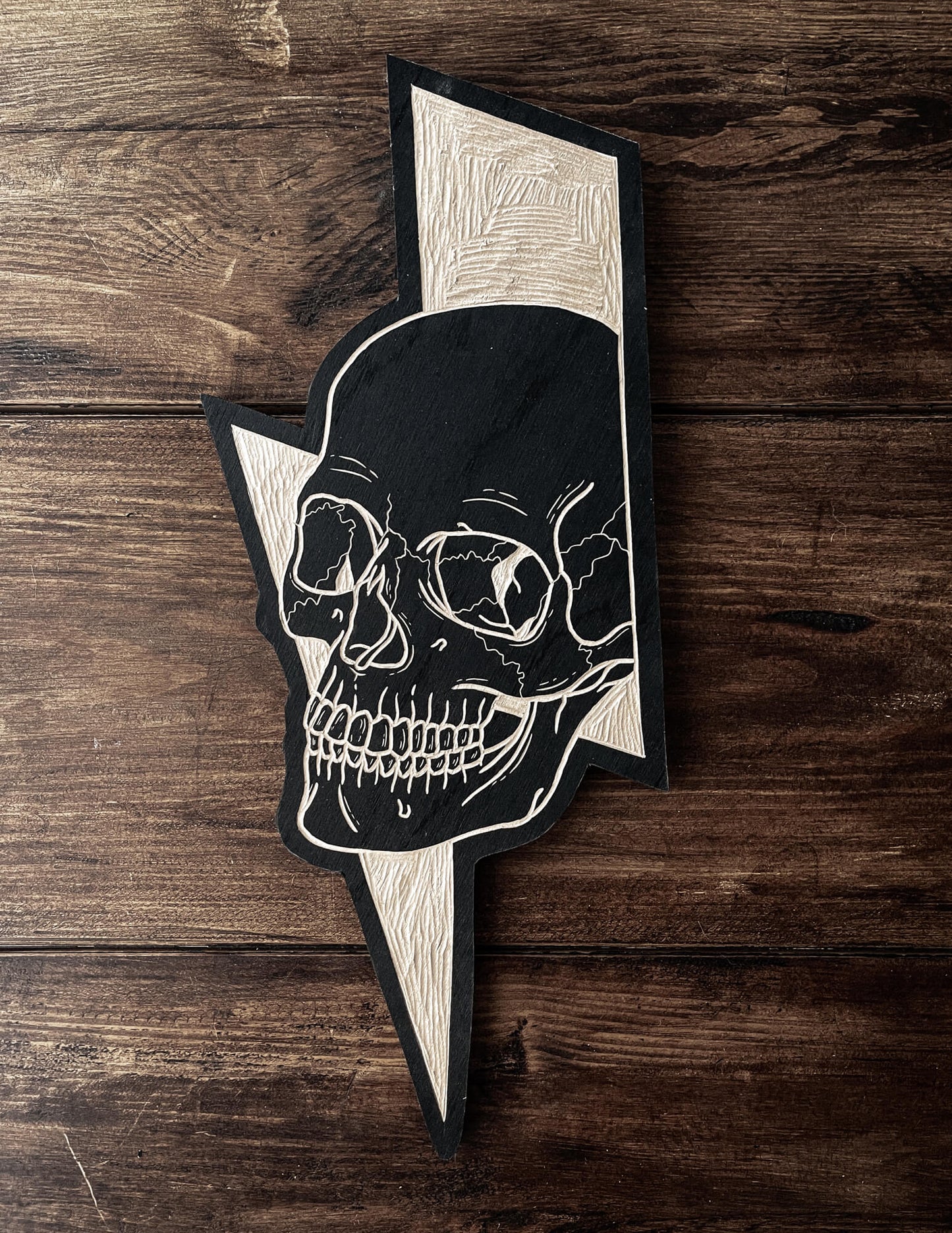 Skull Lightning Bolt Woodcut