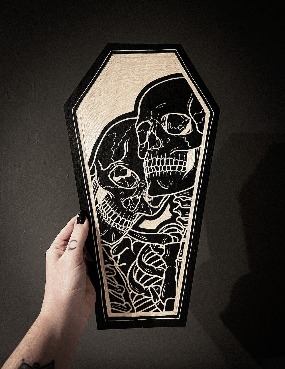 Skeleton Lovers Coffin Woodcut