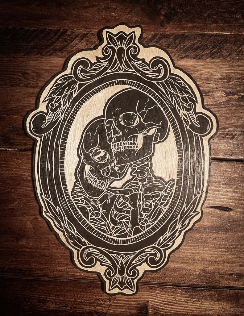 Lovers Skeleton Frame Woodcut