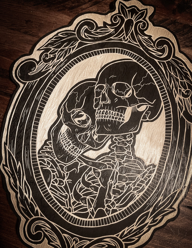 Lovers Skeleton Frame Woodcut