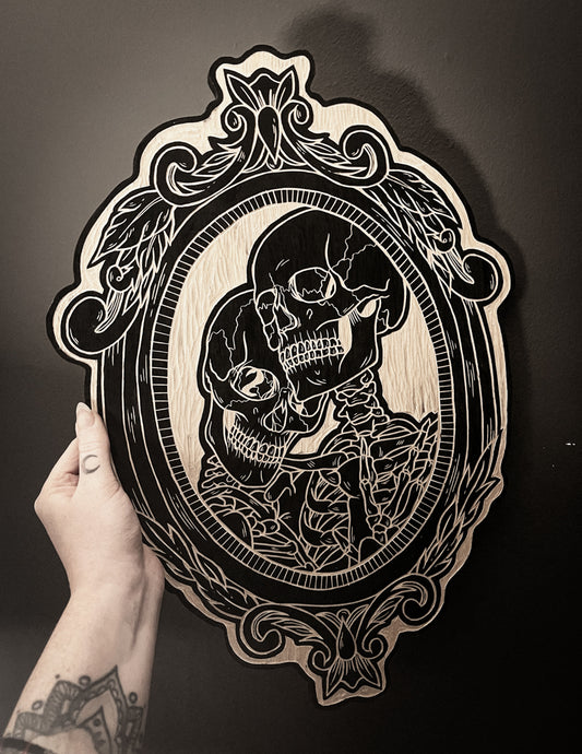 Lovers Skeleton Frame Woodcut