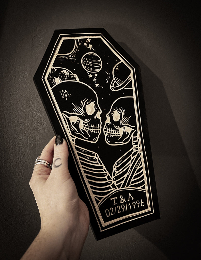 Custom Lovers Coffin Woodcut