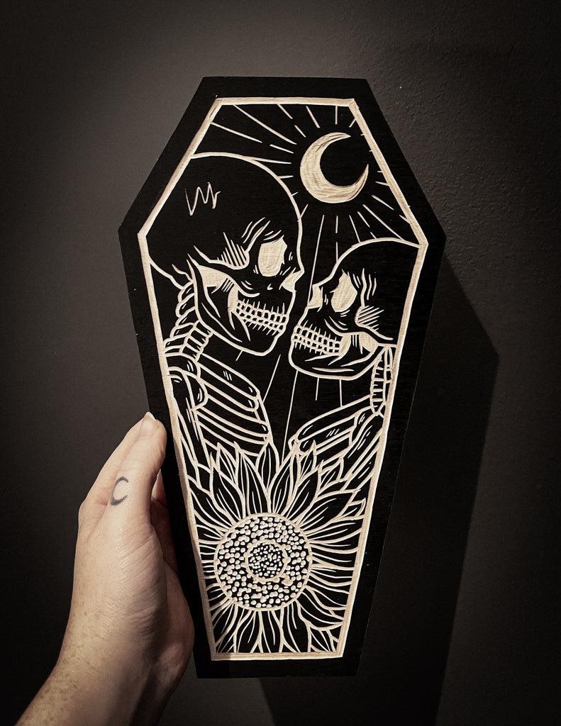 Custom Lovers Coffin Woodcut