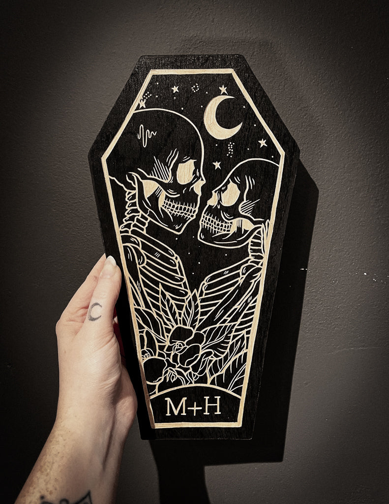 Custom Lovers Coffin Woodcut