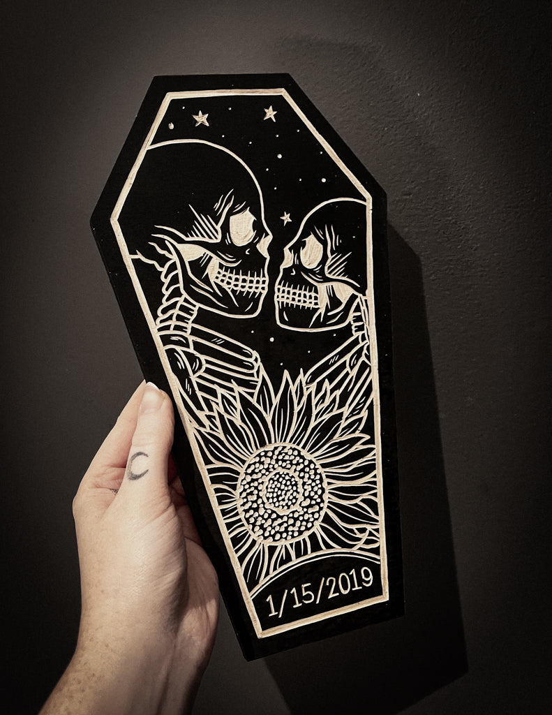 Custom Lovers Coffin Woodcut